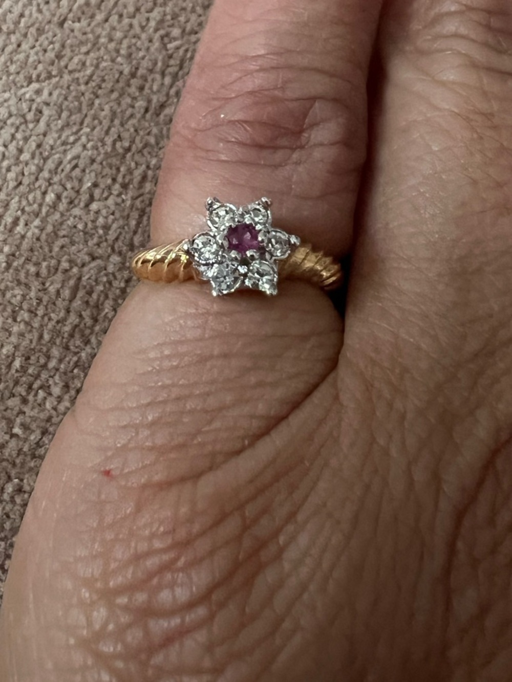 Gold Tone Ruby Floral Cluster Ring 18K HGE Size 4 #46